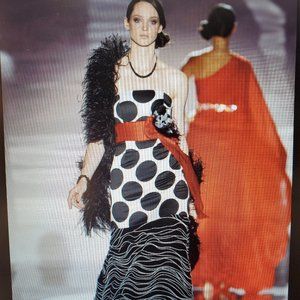 Sonia Pena Ladies Strapless Black/White Polka Dot Gown Formal w/Red Bow